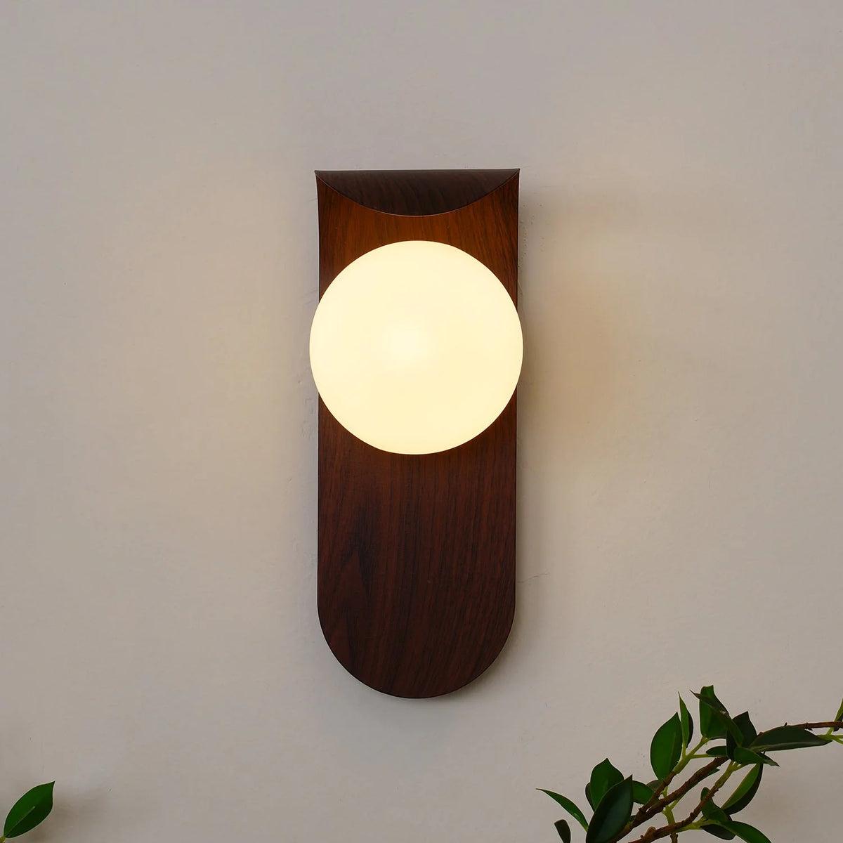 Wall Lamp | Curved Wood-Effect Walnut Finish & Glass Shade