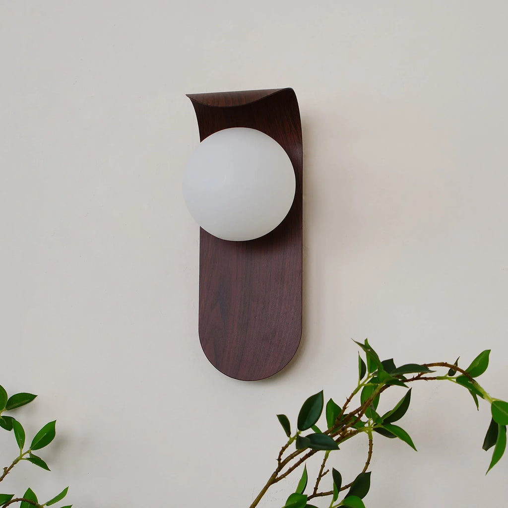 Wall Lamp | Curved Wood-Effect Walnut Finish & Glass Shade