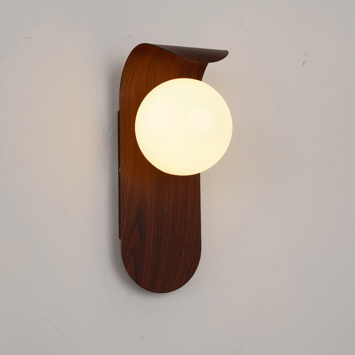 Wall Lamp | Curved Wood-Effect Walnut Finish & Glass Shade