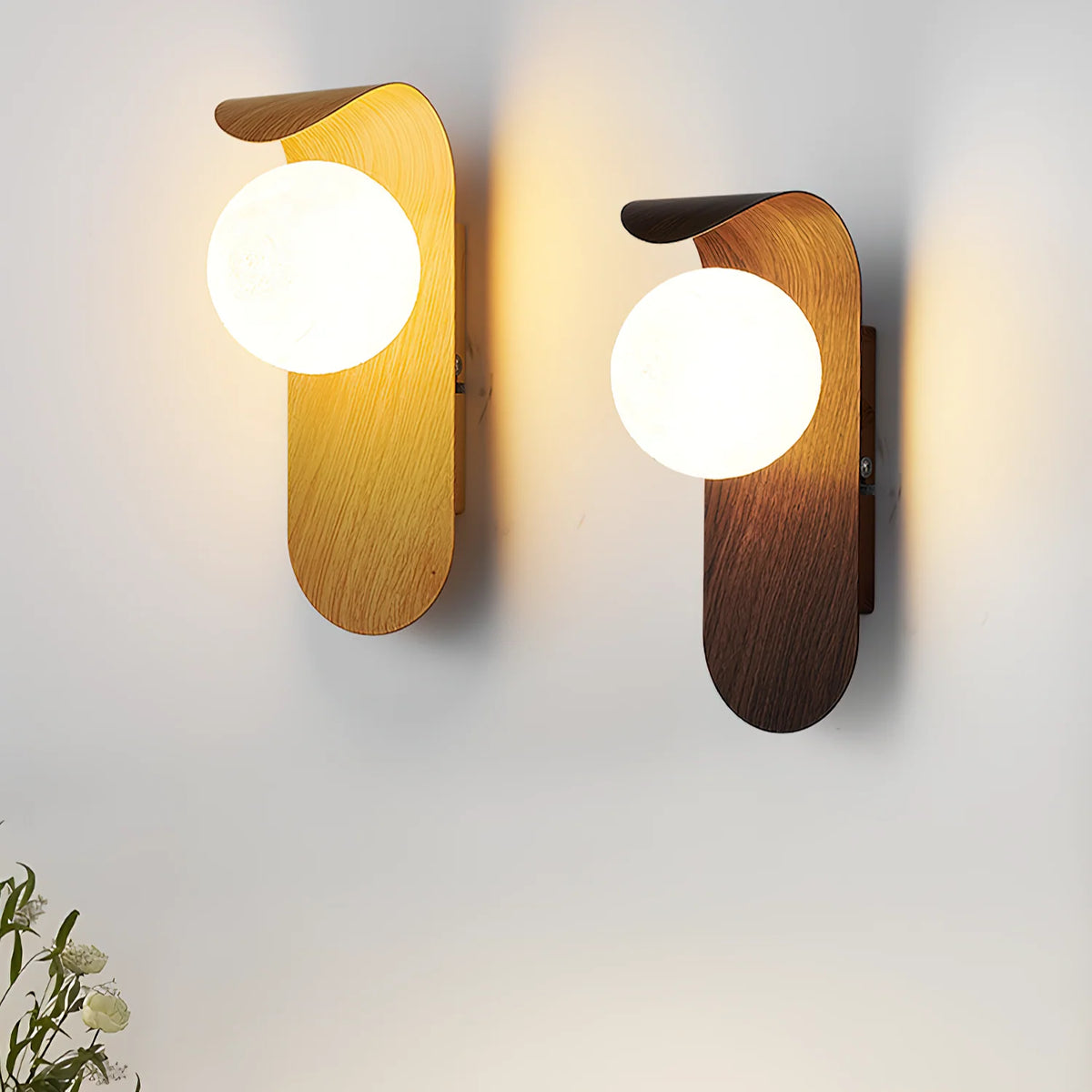 Wall Lamp | Curved Wood-Effect Walnut Finish & Glass Shade