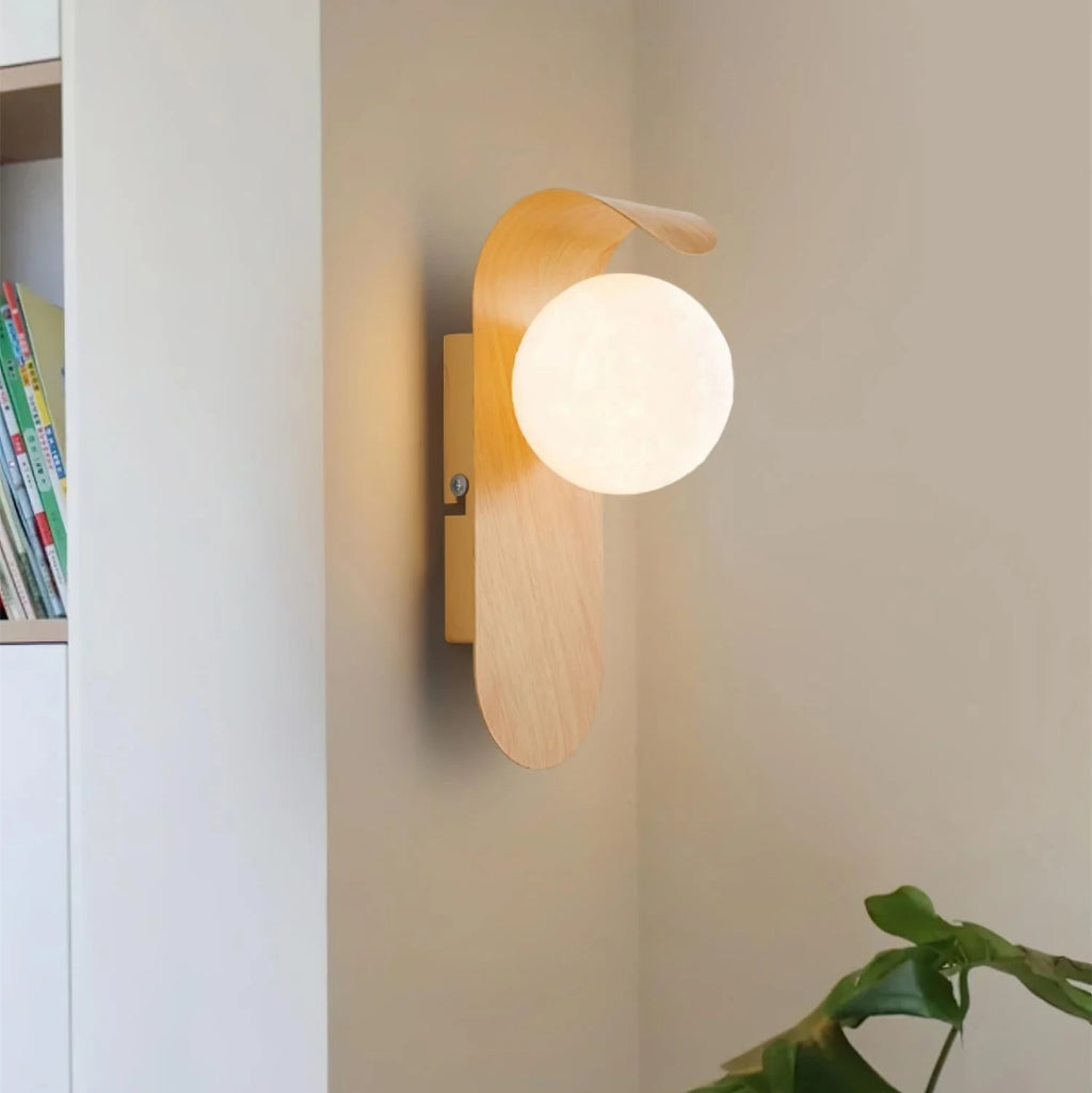 Wall Lamp | Curved Wood-Effect Walnut Finish & Glass Shade