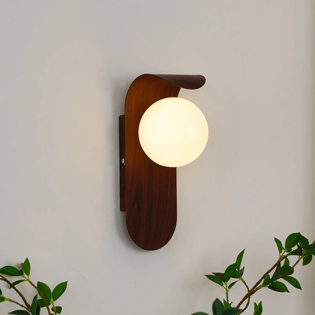 Wall Lamp | Curved Wood-Effect Walnut Finish & Glass Shade
