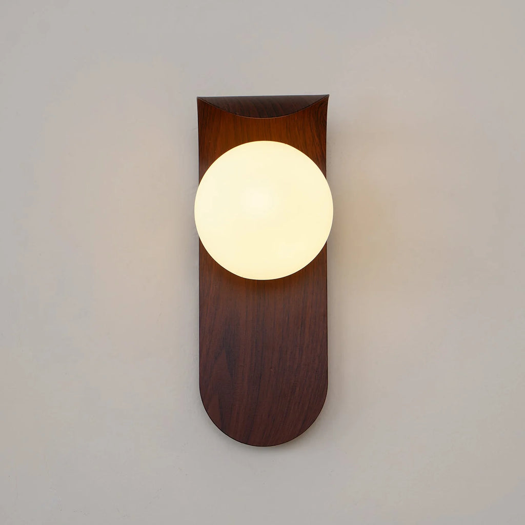 Wall Lamp | Curved Wood-Effect Walnut Finish & Glass Shade
