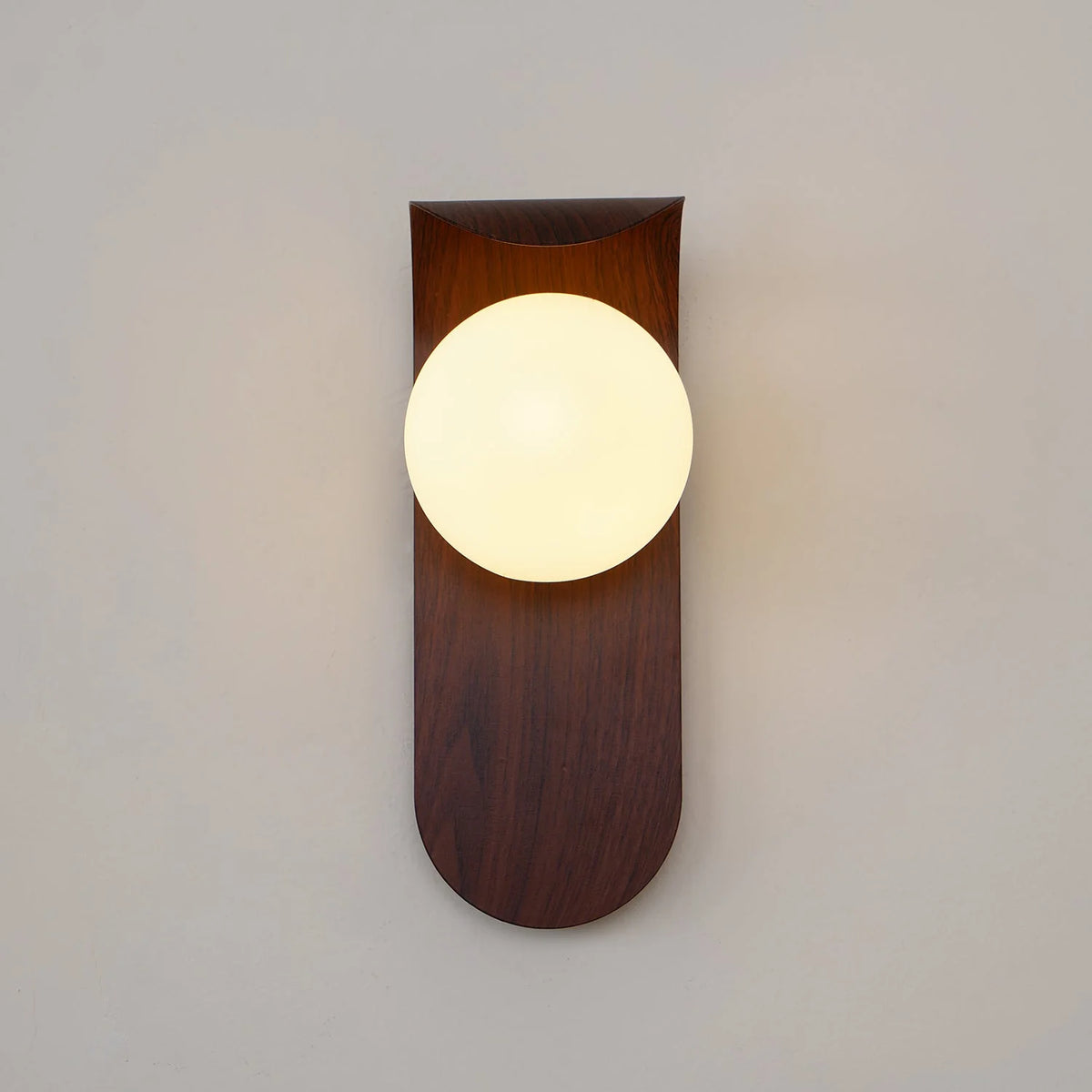 Wall Lamp | Curved Wood-Effect Walnut Finish & Glass Shade