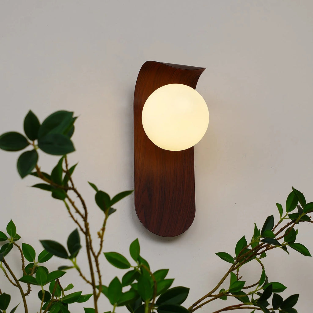 Wall Lamp | Curved Wood-Effect Walnut Finish & Glass Shade