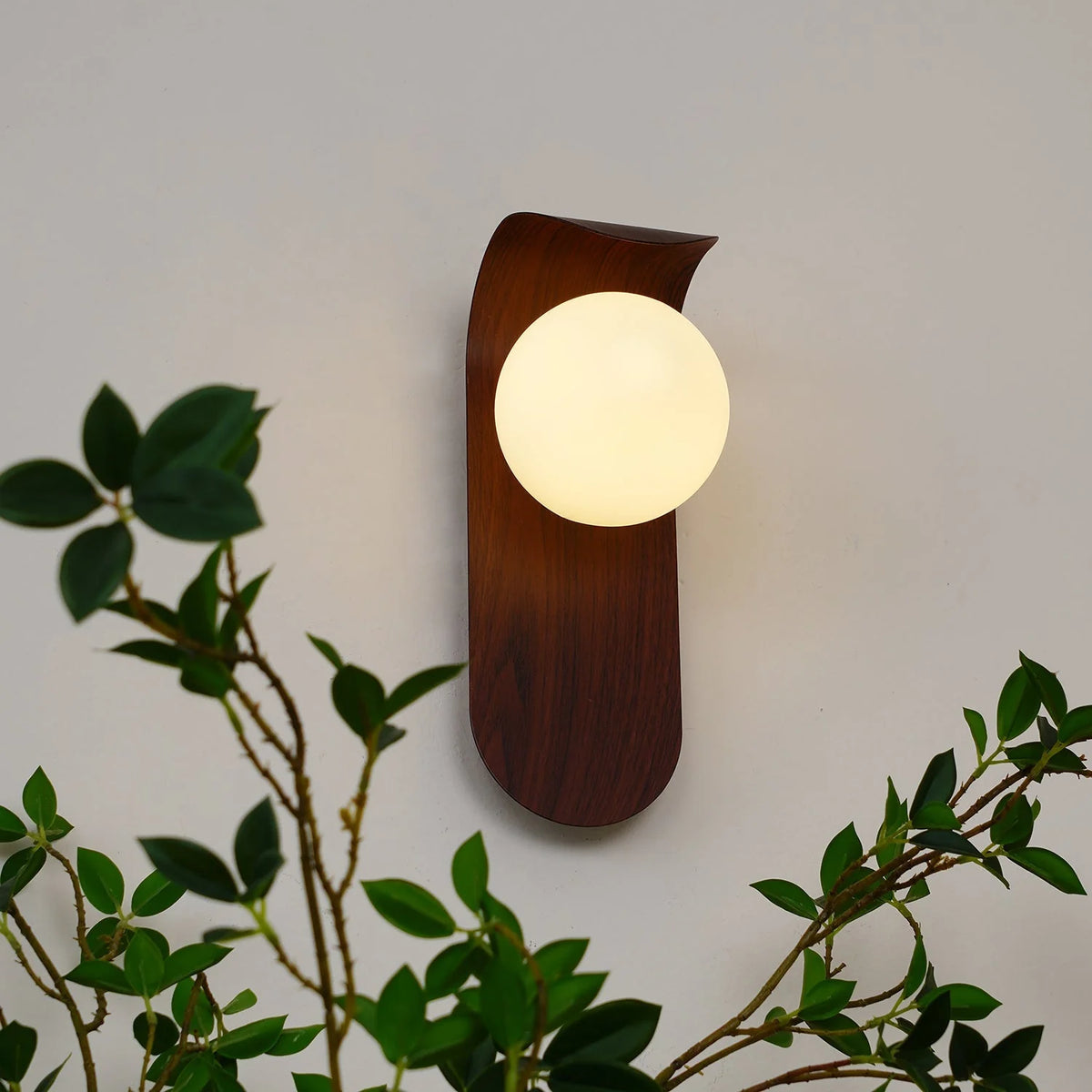 Wall Lamp | Curved Wood-Effect Walnut Finish & Glass Shade
