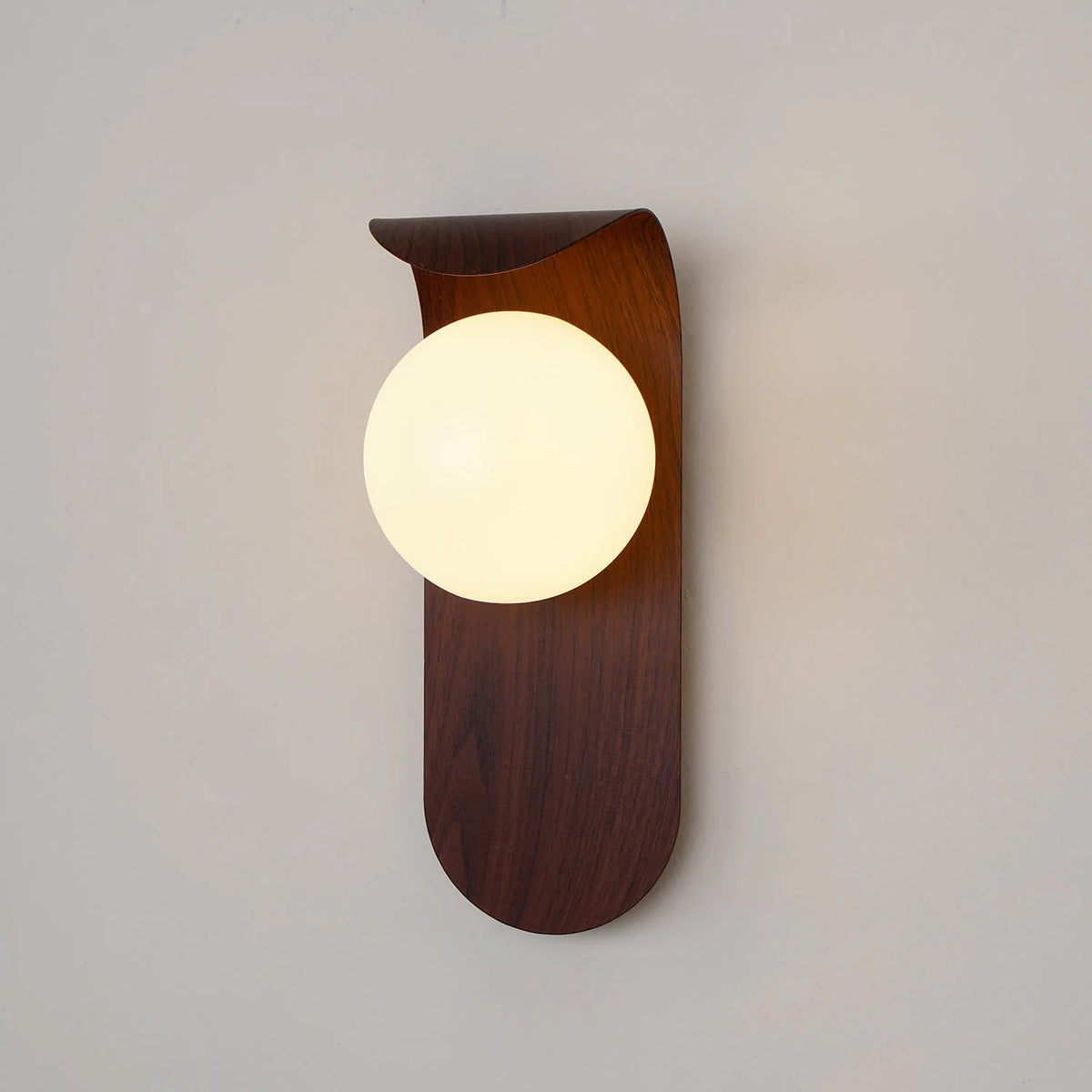 Wall Lamp | Curved Wood-Effect Walnut Finish & Glass Shade