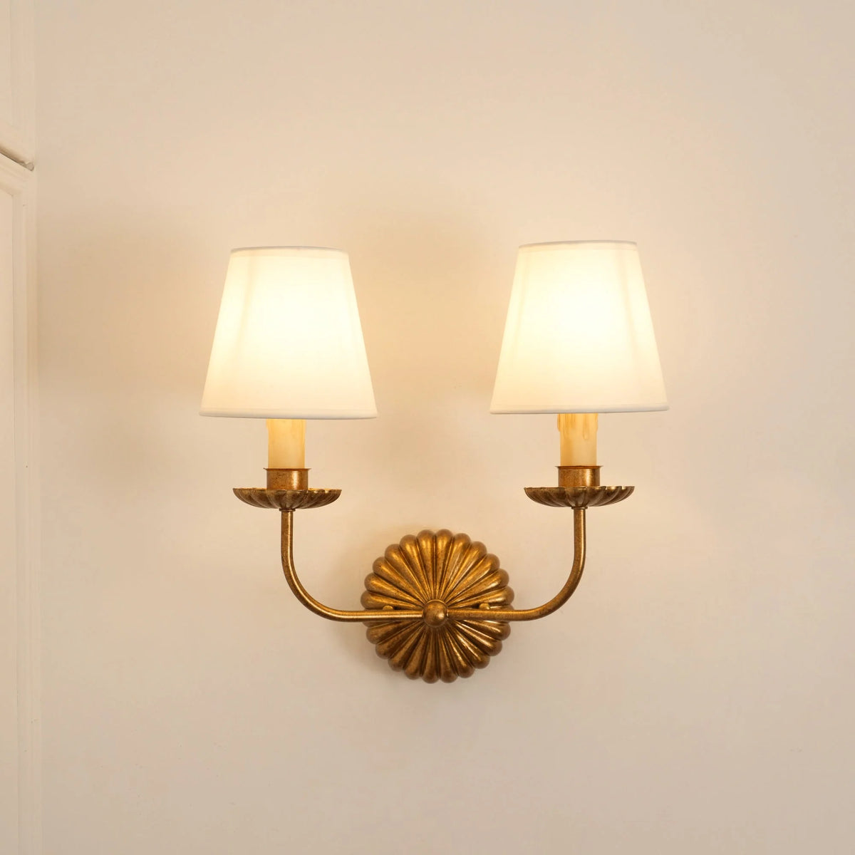 Wall Lamp | Hand-Gilded Antique Gold & Sculpted Rosette Backplate | Single & Double-Arm