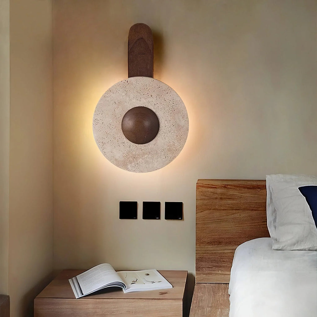 Wall Lamp | Travertine Shade & Solid Wood Base | Hardwired