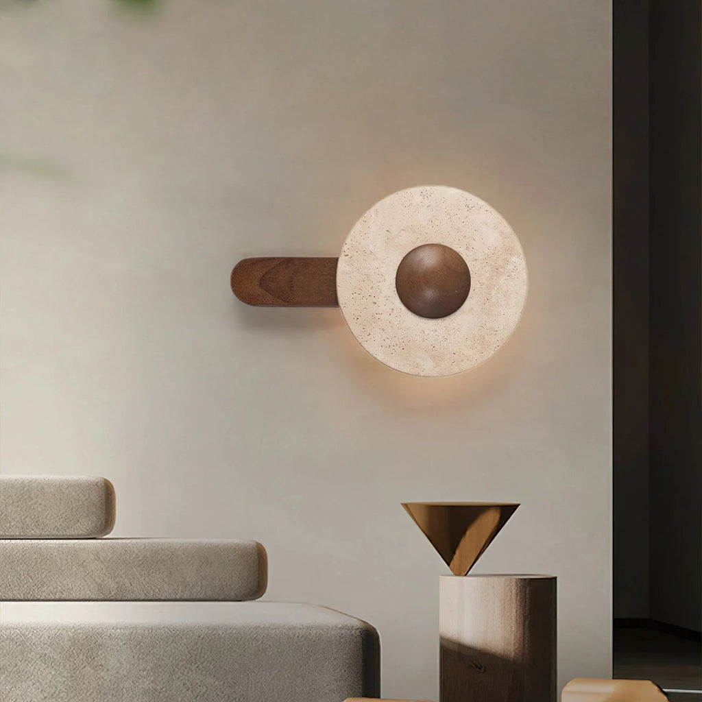 Wall Lamp | Travertine Shade & Solid Wood Base | Hardwired