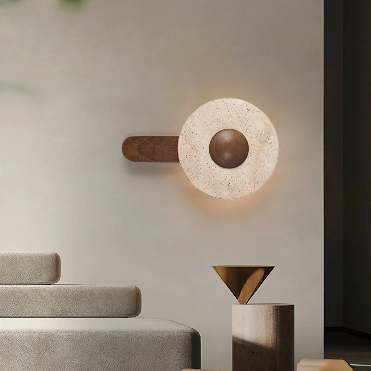 Wall Lamp | Travertine Shade & Solid Wood Base | Hardwired