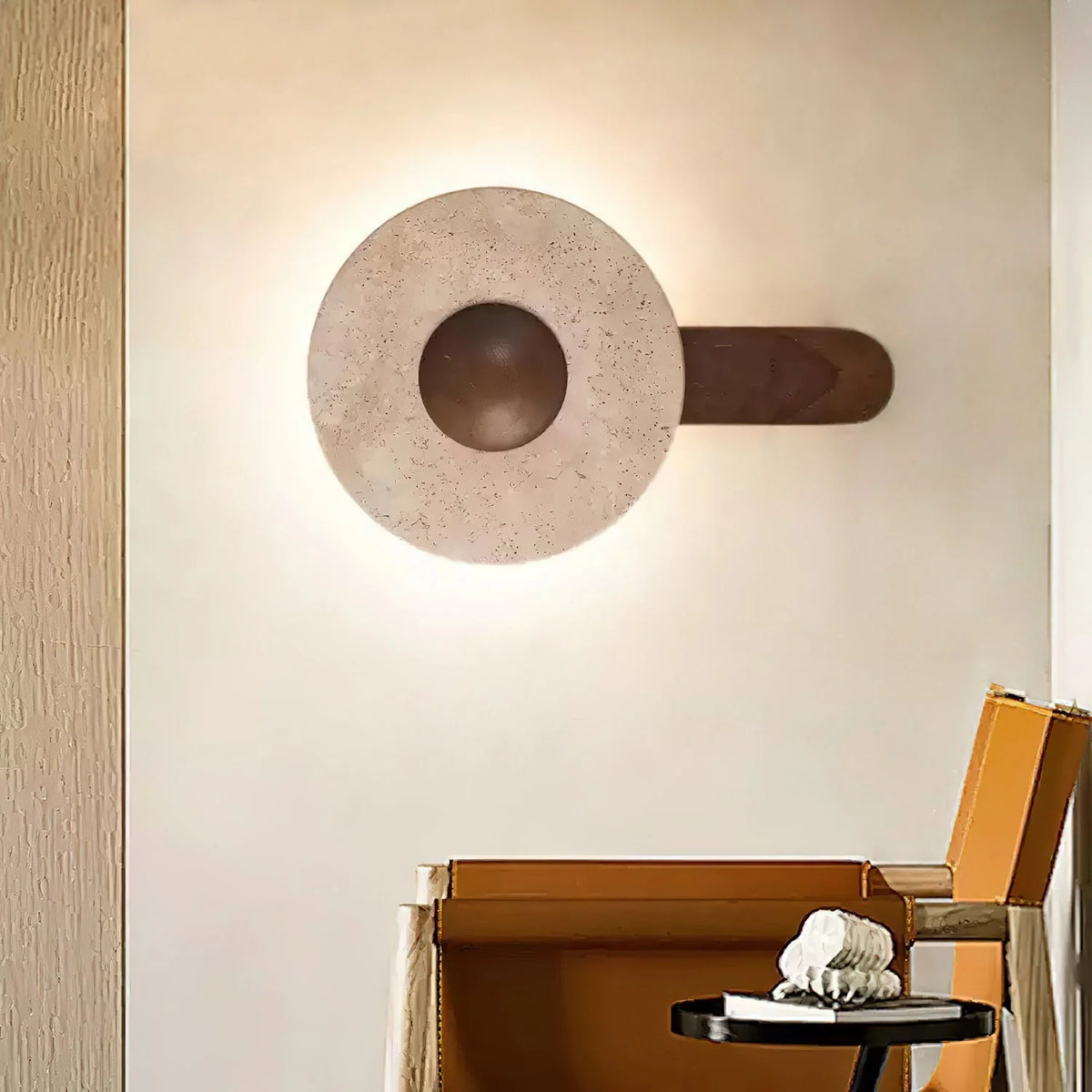 Wall Lamp | Travertine Shade & Solid Wood Base | Hardwired