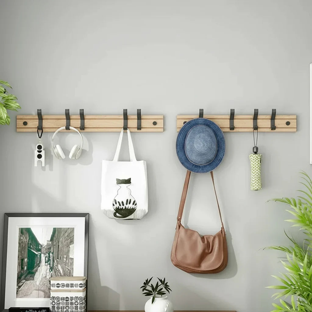 Wall-Mounted Coat Rack | Natural Bamboo & Aluminum | 3–5 Hooks