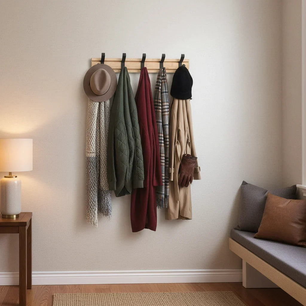 Wall-Mounted Coat Rack | Natural Bamboo & Aluminum | 3–5 Hooks
