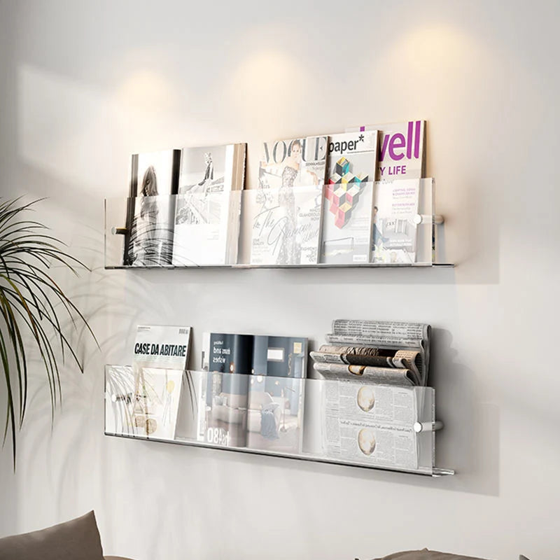 Wall-Mounted Magazine Shelf | Floating Clear Acrylic | S/M/L