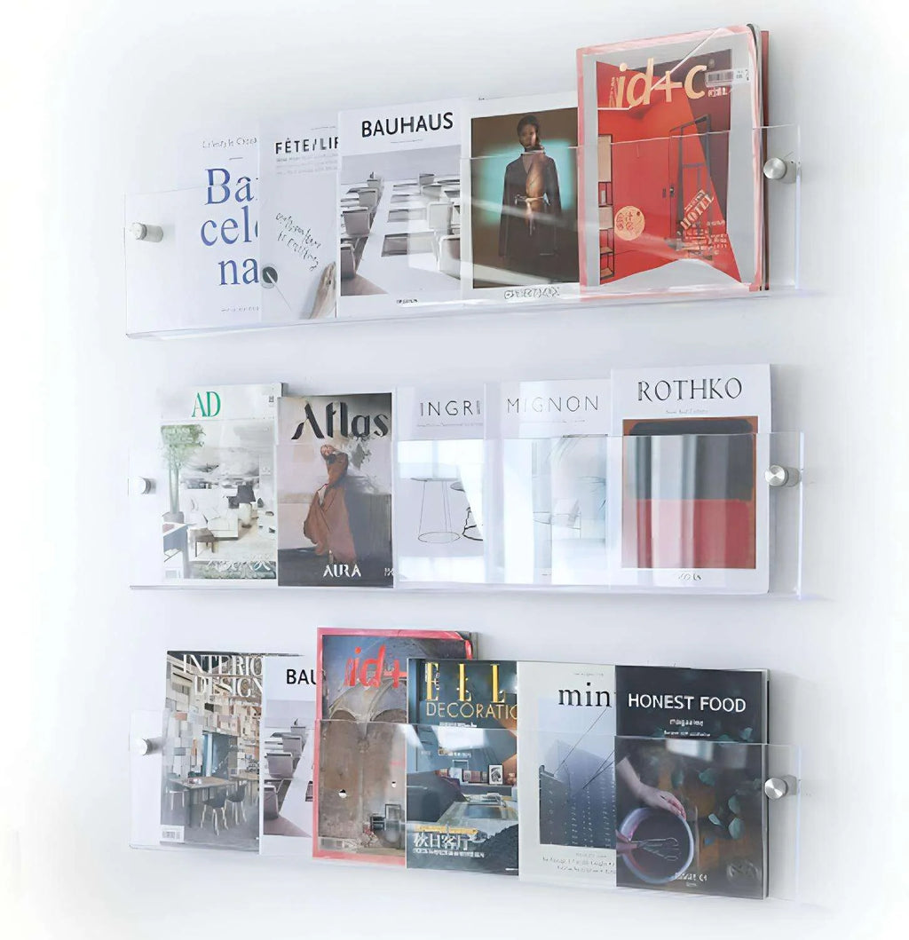 Wall-Mounted Magazine Shelf | Floating Clear Acrylic | S/M/L