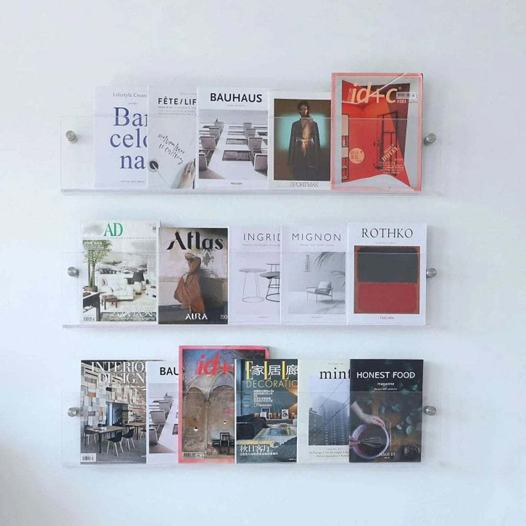 Wall-Mounted Magazine Shelf | Floating Clear Acrylic | S/M/L