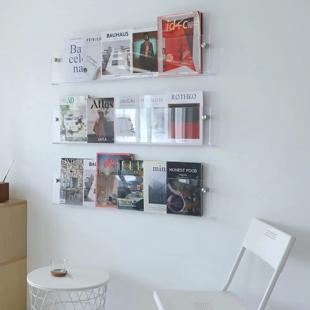 Wall-Mounted Magazine Shelf | Floating Clear Acrylic | S/M/L
