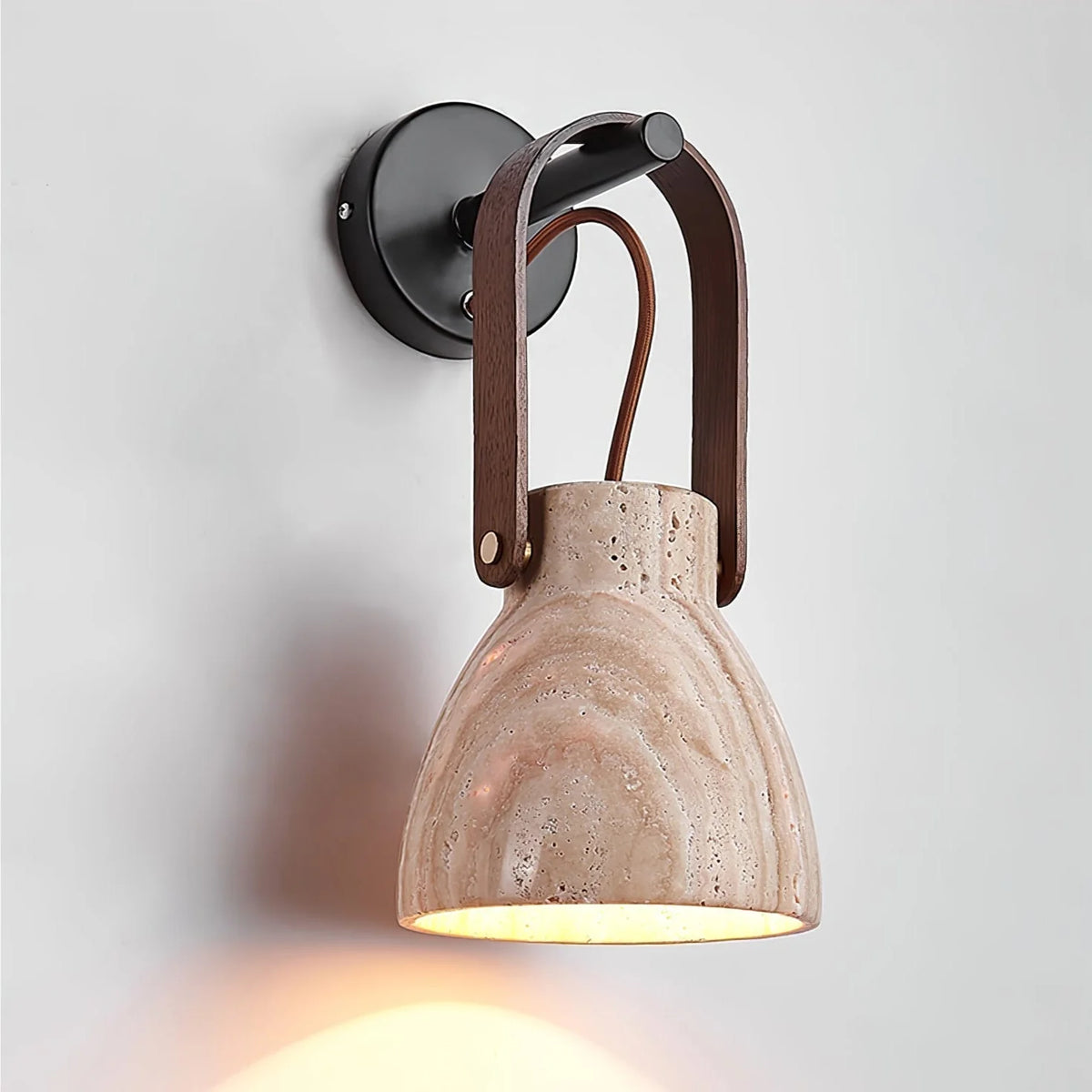 Wall Sconce | Lantern-Inspired Travertine Shade & Wood Accents | H 30 cm