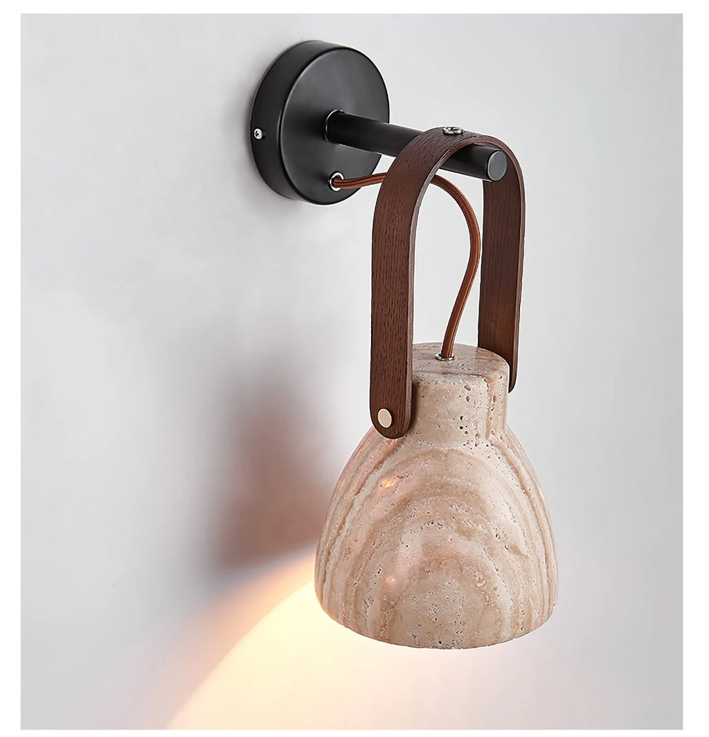 Wall Sconce | Lantern-Inspired Travertine Shade & Wood Accents | H 30 cm