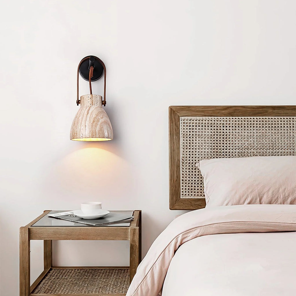 Wall Sconce | Lantern-Inspired Travertine Shade & Wood Accents | H 30 cm