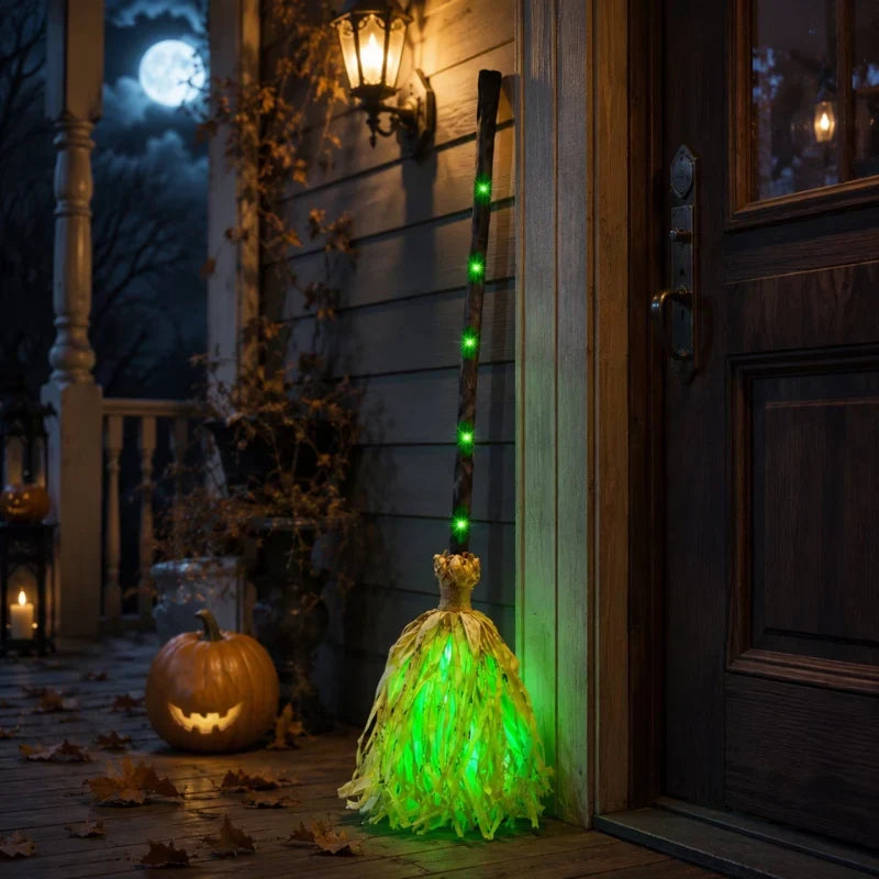 Witch Broom Decoration | Green LED Lights & Vibration | Battery-Powered