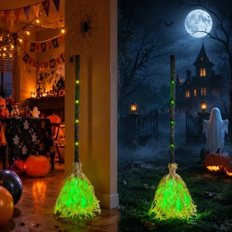 Witch Broom Decoration | Green LED Lights & Vibration | Battery-Powered