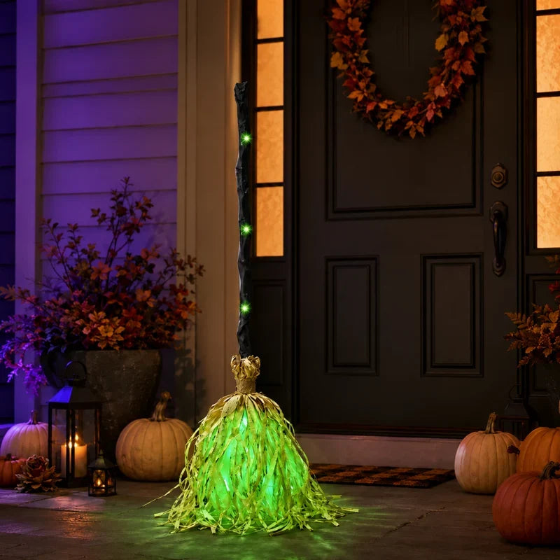 Witch Broom Decoration | Green LED Lights & Vibration | Battery-Powered