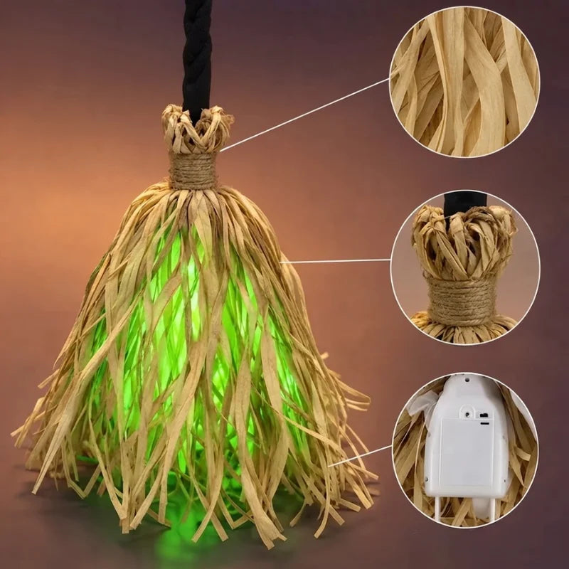 Witch Broom Decoration | Green LED Lights & Vibration | Battery-Powered