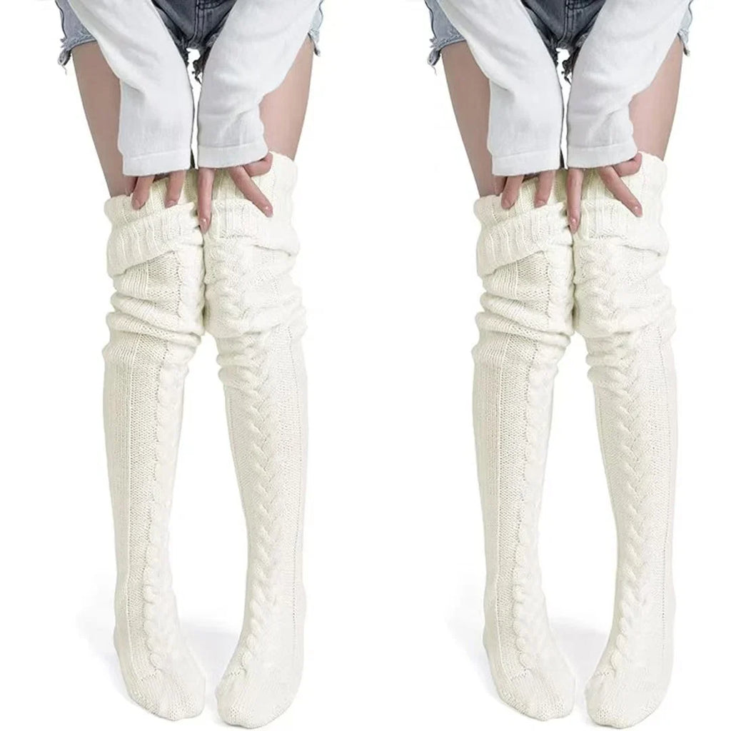 Women's Knee-High Socks | Breathable Cotton & Cable Knit | 100 cm